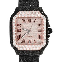 Montre de luxe pour homme, forme ronde, avec diamants, bracelet noir en diamants, cadran rose à chiffres romains, boîtier argenté, bracelet en diamants, montre-bracelet de créateur.