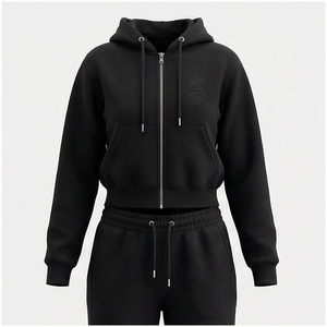 Women Black Hooded <b>Zipper</b> <b>Sweatshirt</b> Set 100% Cotton Midweight Casual Tracksuit Full Sleeve Solid Color Front Embossed Logo - Product Image 1