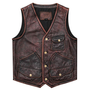 Premium Cowhide <b>Leather</b> Winter Casual <b>Men's</b> V-neck Riding Apparel Motorbike <b>Vest</b> Breathable Snap Front Multiple Pockets - Product Image 1