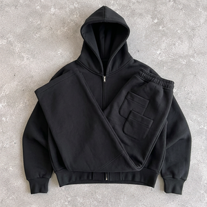 Ensemble de survêtement unisexe gris à capuche avec fermeture éclair intégrale, sweat-shirt et pantalon en coton, couleur unie décontractée, coupe ample, pour l'automne - Product Image 2