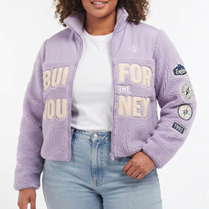 Wholesale Women's <b>Crop</b> Sherpa Fleece <b>Jacket</b> with Embroidery Patches Breathable Winter Heavy Fleece - Product Image 1