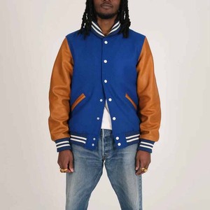 Blue Color Wool With <b>Leather</b> Sleeve Men's Clothing <b>Jackets</b> OEM Custom Made Baseball Varsity <b>Winter</b> College Button Decoration - Product Image 5