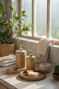 Antique <b>Wood</b> <b>Bathroom</b> Set Three-Piece Minimalist Soap Dispenser Toothbrush Holder Tumbler Eco-Friendly Rectangle Design Decor - Product Image 4