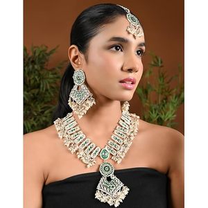 Parure de bijoux en alliage plaqué or rose avec collier, boucles d'oreilles et coiffe, ornée de cristaux verts, strass, perles et pompons, pour femme, mariage - Product Image 2