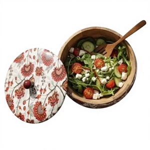 Bol à salade en bois artisanal avec couvercle, imprimé floral, écologique, pour mélanger les fruits, bol de service, décoration rustique pour la cuisine et la table à manger - Product Image 2