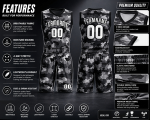 Custom Camo Basketball Uniform Set Unisex Sleeveless V-Neck Jersey Shorts Team Name Number Four-Way Stretch Quick Dry 100% - Product Image 5