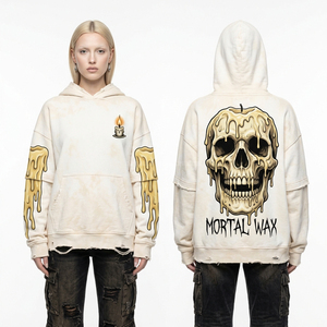 Sweat à capuche personnalisé en molleton effet vieilli avec impression graphique de crâne en cire fondante, style streetwear oversize, fabrication usine - Product Image 1