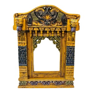 Handcrafted Wooden Jharokha Frame | Antique Finish <b>Decorative</b> Wall Temple | Traditional Indian Carved Window Panel - Product Image 1
