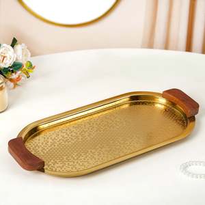 Bandeja de Servir Moderna Multifuncional con Diseño Floral en Metal Dorado, Plato para Postres de Boda, Asas de Madera, Texturizado, Decorativo, Artesanal - Product Image 2