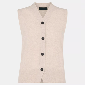 Gilet sans manches en tricot pour femme, col en V, couleur unie, fermeture boutonnée, style minimaliste, vêtement d'automne, 100% laine, anti-boulochage - Product Image 1
