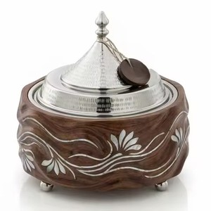 Calentador de Comida Árabe de Latón con Base de Madera en Espiral Trenzada de Alta Calidad e Incrustaciones de Perlas, para Hoteles, Salones y Hostelería - Product Image 5