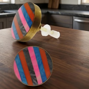 Boutons de meuble ronds en laiton et bois, motif rayé multicolore, style moderne, pour armoires d'hôtel, de maison et de bureau - Product Image 2