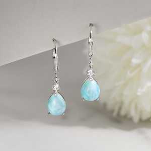 ต่างหูห้อยประดับพลอยมูนสโตนลาริมาร์ธรรมชาติ เงินแท้ 925 รูปทรงหยดน้ำ เครื่องประดับพลอยสำหรับผู้หญิง ของขวัญ ขายส่ง - Product Image 1