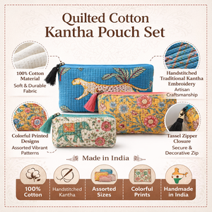 Juego de Bolsas Cosméticas Acolchadas de Algodón Kantha, Cosidas a Mano, Estampadas, Organizadores de Viaje, con Cierre de Cremallera, Impermeables - Product Image 6