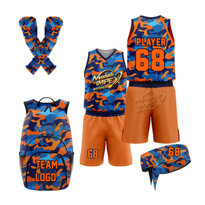 Conjunto de Camiseta de Baloncesto con Estampado de Camuflaje, Diseño Sublimado Transpirable, Ropa Deportiva Unisex para Adultos, Camiseta sin Mangas con Cuello en V Naranja y Azul, Pantalones Cortos - Product Image 1
