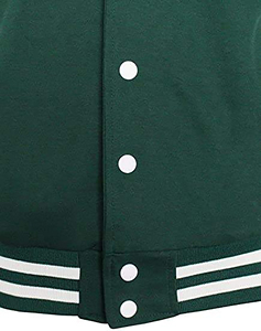 Custom High Street Varsity Hoodie Jacket Mens Green White Single Button <b>Stand</b> Collar Genuine Leather Drawstrings Ribbed Trim - Product Image 6