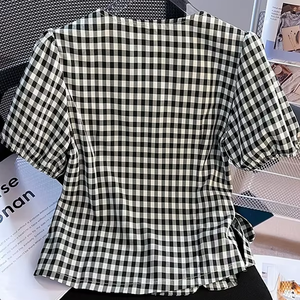 Blusa de Mujer con Cuello en V, Mangas Abullonadas, Estampado a Cuadros, Manga Corta, Botones al Frente, Estilo Casual con Detalle de Lazo, para Primavera/Verano - Product Image 2