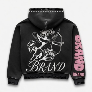 Custom Unisex Black Distressed Zip Hoodie Y2K Streetwear Punk Rhinestone Studded Frayed Hem Cherub Graphic 100% Cotton Oversized - Product Image 6
