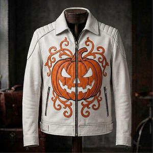 Blouson en cuir pour homme, col mandarin, motif citrouille brodé, style motard, fermeture éclair, séchage rapide, respirant - Product Image 3