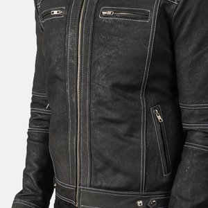 Men's Black PU Leather Moto <b>Jacket</b> Stand Collar Zipper Closure <b>Slim</b> <b>Fit</b> Washed Finish Biker Style Autumn Wear - Product Image 6
