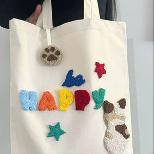 Bolso de mano de lona de algodón con parche de gato de chenilla y bordado de letras, tipo tote, reutilizable para compras, para mujer y niña - Product Image 1