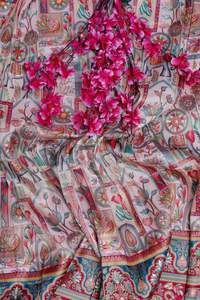 Tela de viscosa pura con estampado étnico jacquard y borde de elefantes para material de vestido Kurti de diseñador. - Product Image 4