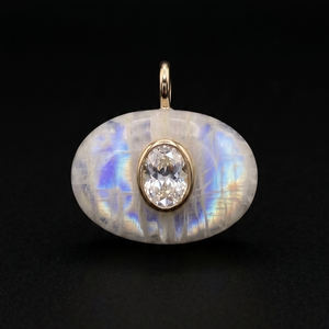 Pendentif en Pierre de Lune Arc-en-ciel AAA, Incrustation Ronde de Zircon, Anneau en Vermeil Or 18 carats, Breloques en Pierres Précieuses Incrustées en Gros, Fabricant Indien, 21mm - Product Image 4