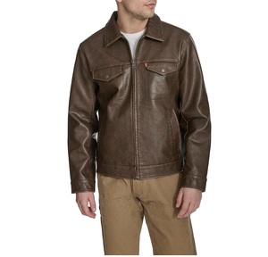 Men's <b>Brown</b> Genuine <b>Leather</b> <b>Jacket</b> Turn-down Collar Zipper Closure Workwear Style Regular Length Autumn Wear - Product Image 1