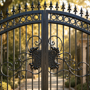 Elegante puerta doble de entrada de hierro forjado negro con remates curvos en la parte superior, adornos decorativos y diseño clásico para entrada residencial. - Product Image 1