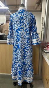 Blue Pineapple Print Peplum <b>Dress</b> Asymmetrical V Neck Long Sleeve Woven Casual <b>Dress</b> for Daily Vacation - Product Image 3