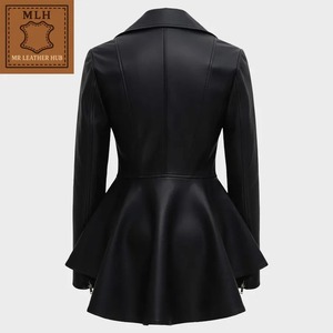 เสื้อแจ็คเก็ตหนังสีดำทรงเปปลัมสำหรับผู้หญิง ชายเสื้อสูงต่ำ - Product Image 2