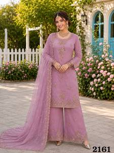 <b>Women</b>’s Rose Gold Beads Work <b>3</b>-<b>Piece</b> Ethnic <b>Suit</b> Set with Apple Cut Top, Matching Bottom and Designer Dupatta, Heavy Crepe Inner - Product Image 3