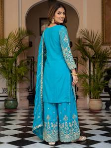 Elegante Ropa Étnica de Seda Chinon con Bordado de Secuencia Codificada para Mujer - Product Image 3