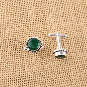 Niharika Gems Classy And Trendy Green Onyx Gemstone Work Cufflinks Set Jewellery In 925 Sterling Silver Plated For Men And Women - Product Image 1