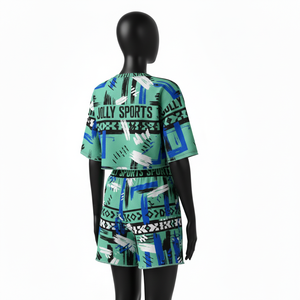 Ensemble Crop Top et Short pour Femmes en Polyester Spandex Extensible Lisse Vert Bleu Sublimation Intégrale Logo 100% Coton Crop Top & Short - Product Image 5