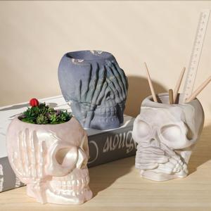 Halloween Don't Look, Don't Listen, Don't Listen To Skull Vase Pen Holder <b>Resin</b> Silicone Mold - Product Image 2