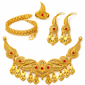 Ensembles de bijoux plaqués or 24 carats vintage classiques du fabricant indien inspirés du style USA France comprenant des broches de collier en cuivre - Product Image 1