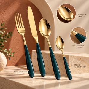 Ensemble de couverts de luxe en acier inoxydable avec manche doré et vert sarcelle, quatre pièces |   Ensemble d'ustensiles de table élégants avec finition dorée polie - Product Image 2