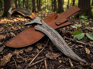 Couteau Bowie multifonctionnel d'extérieur en acier Damas fait main, manche en corne de cerf, lame fixe pleine longueur, services OEM A&M - Product Image 3
