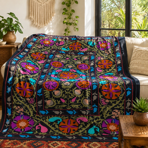 Couvre-lit traditionnel en coton brodé Suzani, noir, multicolore, floral, paisley, fait main, décoration intérieure indienne bohème - Product Image 4