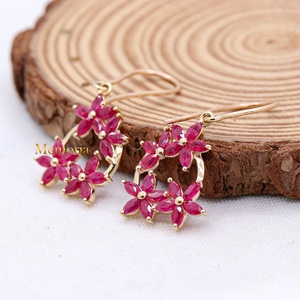 Boucles d'oreilles pendantes en rubis naturel, or jaune massif 14 carats, bijoux floraux faits à la main, bijoux fins pour femmes, cadeau de mariage - Product Image 4
