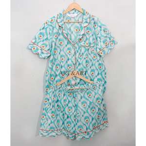 Conjunto de Pijama de Algodón Hecho a Mano para Mujer, Manga Corta, Cuello Camisero, Estampado Floral, Elegante, para Uso Diario, Suave, Verano - Product Image 4