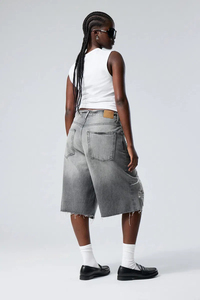 Men's High Waist Ripped Denim Bermuda Shorts Street Style Cotton Washed Fit Black Button Fly - Product Image 3