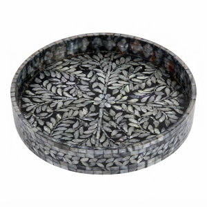 Plateau de service décoratif rond en nacre incrustée, fait main, motif floral noir, pour table basse ou ottoman - Product Image 1