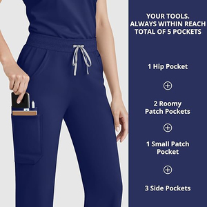 Ensemble de blouses médicales pour femmes, bleu marine, avec pantalon à cordon de serrage et haut à manches courtes, uniforme d'hôpital, tissu tissé, 100 % polyester - Product Image 5
