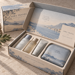 Caja de Embalaje de Cartón Corrugado Impresa Personalizada para Kit de Viaje de Belleza SORA - Product Image 4