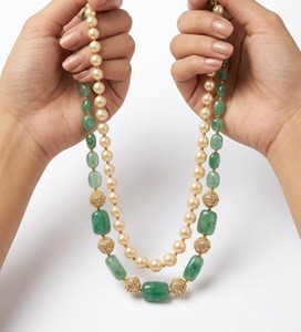 Collier de luxe plaqué or à deux rangs avec perles et pierres vertes, fait main, bijou de mariage pour femme - Product Image 3