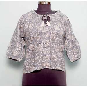 Blusa de Mujer 100% Algodón, Tejida a Mano, Estilo Vintage Floral, para Primavera/Verano, Informal de Oficina, Transpirable, Ecológica, con Manga Abullonada Mini y Cuello Redondo - Product Image 1
