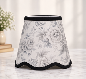 Premium Cotton Floral <b>Lampshade</b> | Vintage <b>Grey</b> & White Botanical Printed Fabric Shade with Scalloped Edge & Black Contrast Trim - Product Image 4