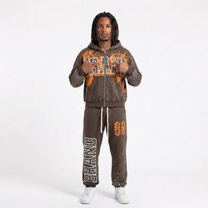 Conjunto de Sudadera con Capucha y Pantalones Deportivos Unisex de Moda Urbana con Cremallera Completa y Estampado de Diamantes de Imitación para Otoño, Ropa Deportiva para Adultos - Product Image 5